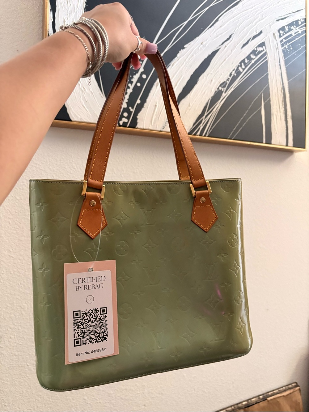 Louis Vuitton Olive Green Vernis Shoulder Tote with Tan Handles